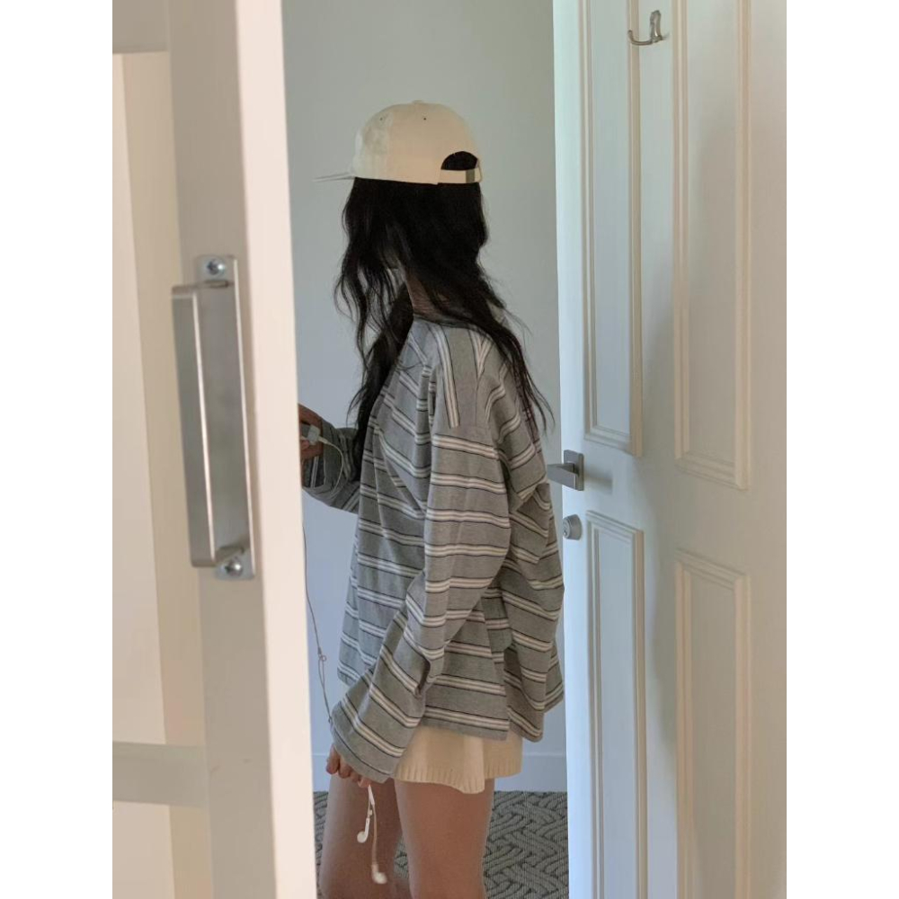 25＇ 秋季時尚 線條元素【𝟷𝟶𝟶%棉】ᴠɴ｜正韓🇰🇷 - 韓國女裝｜純棉圓領條紋長袖T恤 韓國T恤-細節圖5