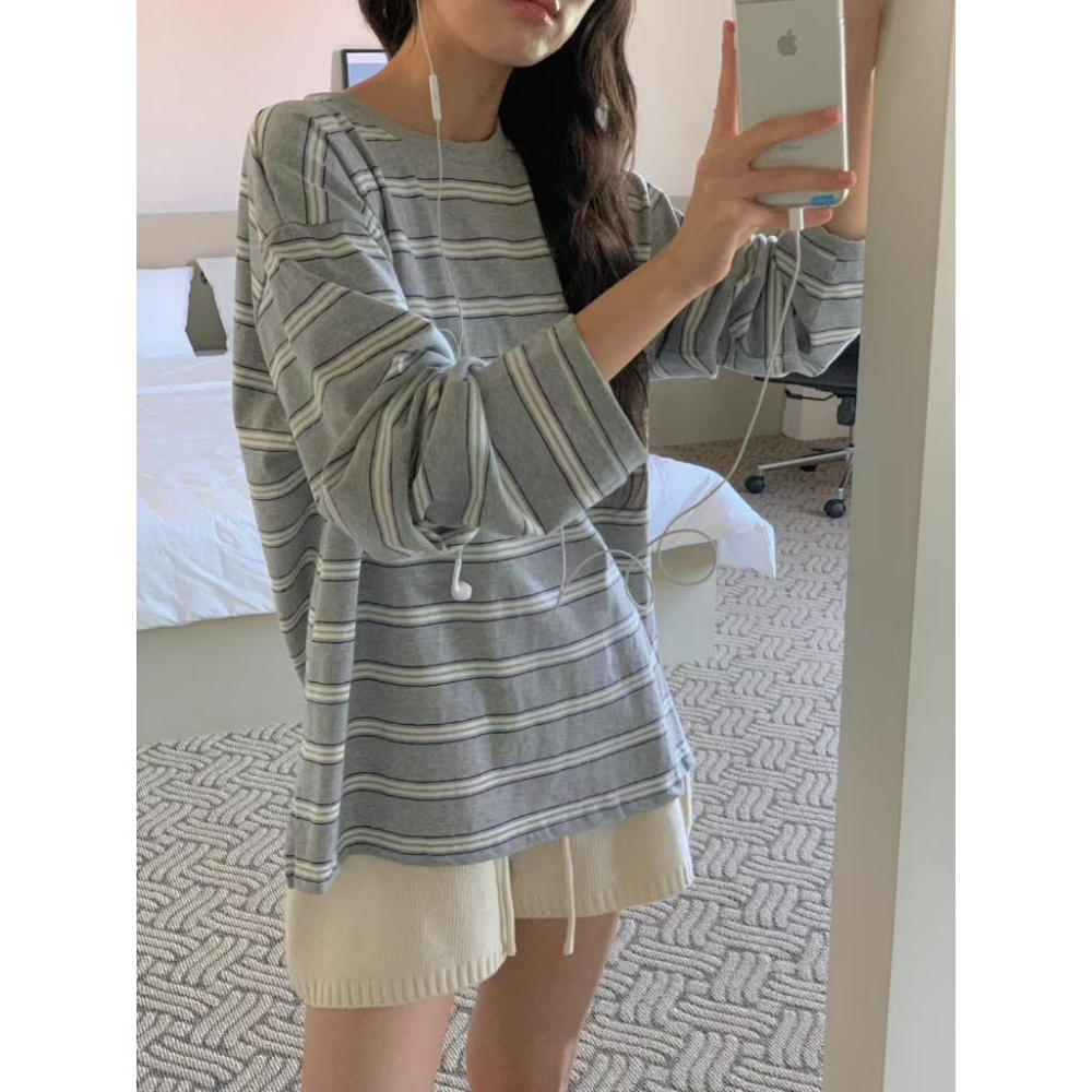 25＇ 秋季時尚 線條元素【𝟷𝟶𝟶%棉】ᴠɴ｜正韓🇰🇷 - 韓國女裝｜純棉圓領條紋長袖T恤 韓國T恤-細節圖6