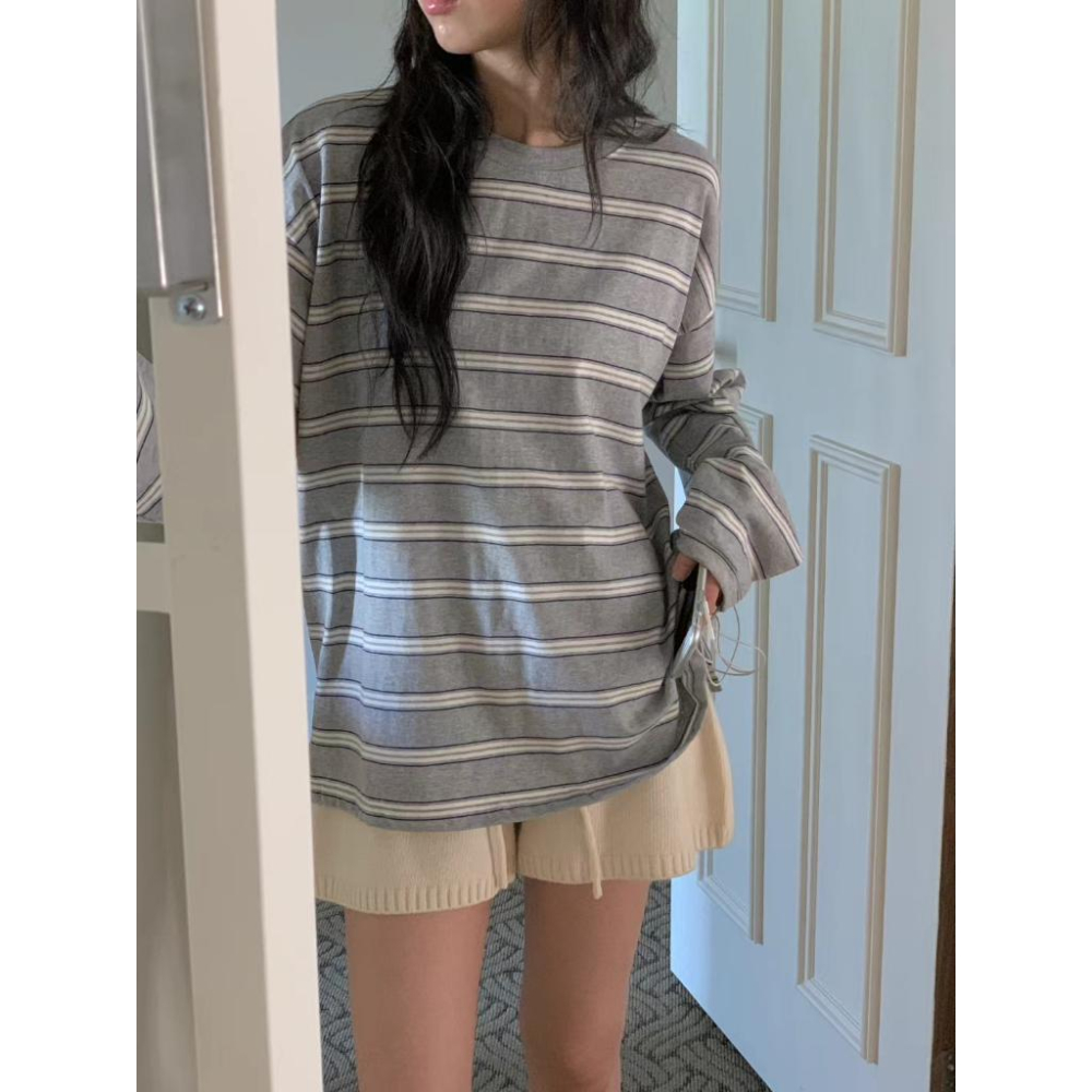 25＇ 秋季時尚 線條元素【𝟷𝟶𝟶%棉】ᴠɴ｜正韓🇰🇷 - 韓國女裝｜純棉圓領條紋長袖T恤 韓國T恤-細節圖7