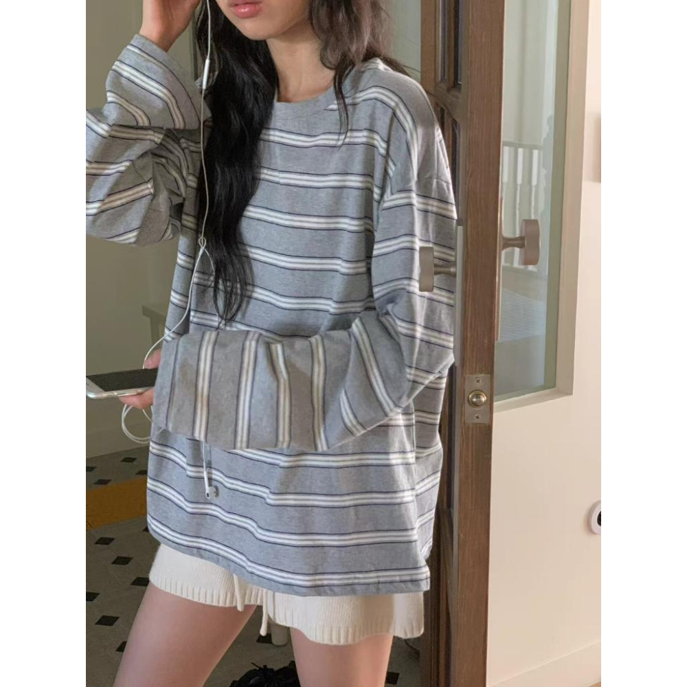 25＇ 秋季時尚 線條元素【𝟷𝟶𝟶%棉】ᴠɴ｜正韓🇰🇷 - 韓國女裝｜純棉圓領條紋長袖T恤 韓國T恤-細節圖8