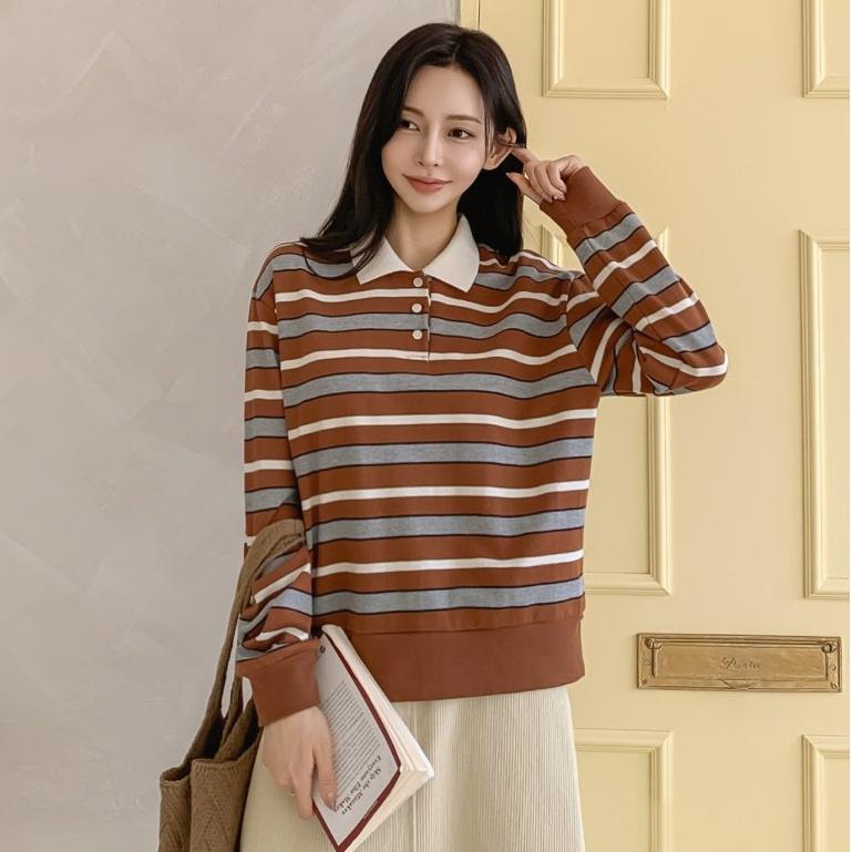 【25＇ 秋冬新款】ᴠɴ｜正韓🇰🇷 - 韓國女裝｜純棉翻領線條長袖Polo衫 T恤 韓國T恤-細節圖2