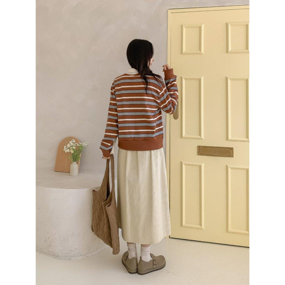 【25＇ 秋冬新款】ᴠɴ｜正韓🇰🇷 - 韓國女裝｜純棉翻領線條長袖Polo衫 T恤 韓國T恤-細節圖3