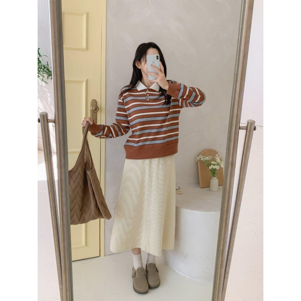 【25＇ 秋冬新款】ᴠɴ｜正韓🇰🇷 - 韓國女裝｜純棉翻領線條長袖Polo衫 T恤 韓國T恤-細節圖4