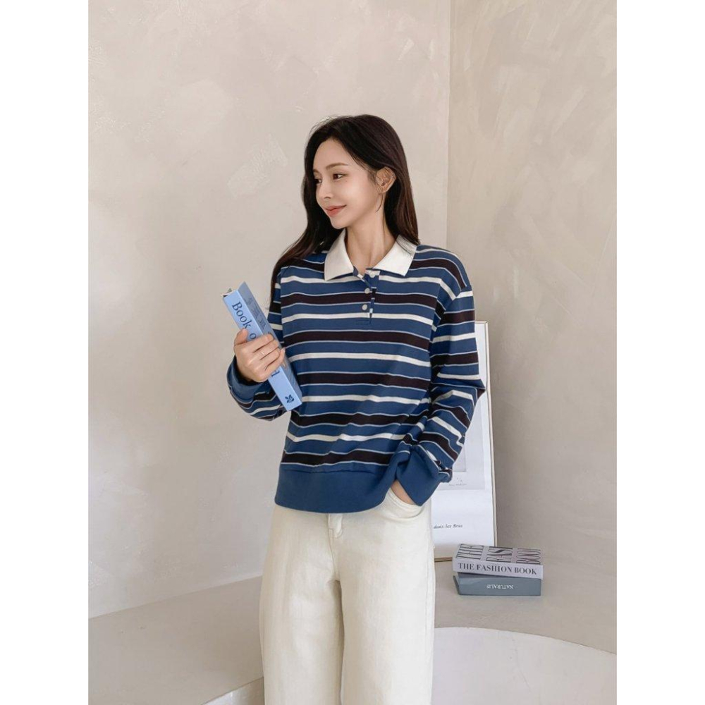 【25＇ 秋冬新款】ᴠɴ｜正韓🇰🇷 - 韓國女裝｜純棉翻領線條長袖Polo衫 T恤 韓國T恤-細節圖5