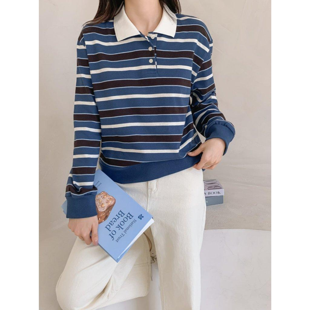 【25＇ 秋冬新款】ᴠɴ｜正韓🇰🇷 - 韓國女裝｜純棉翻領線條長袖Polo衫 T恤 韓國T恤-細節圖6