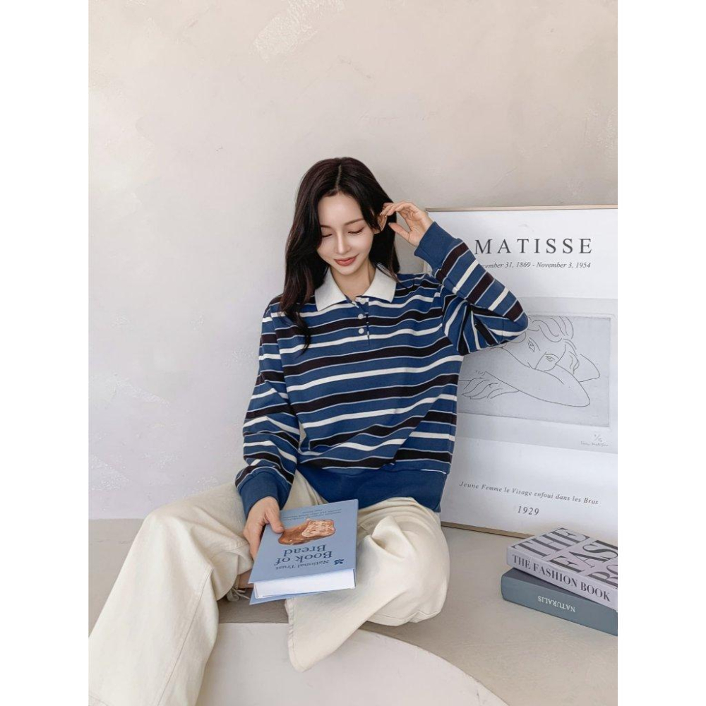 【25＇ 秋冬新款】ᴠɴ｜正韓🇰🇷 - 韓國女裝｜純棉翻領線條長袖Polo衫 T恤 韓國T恤-細節圖7