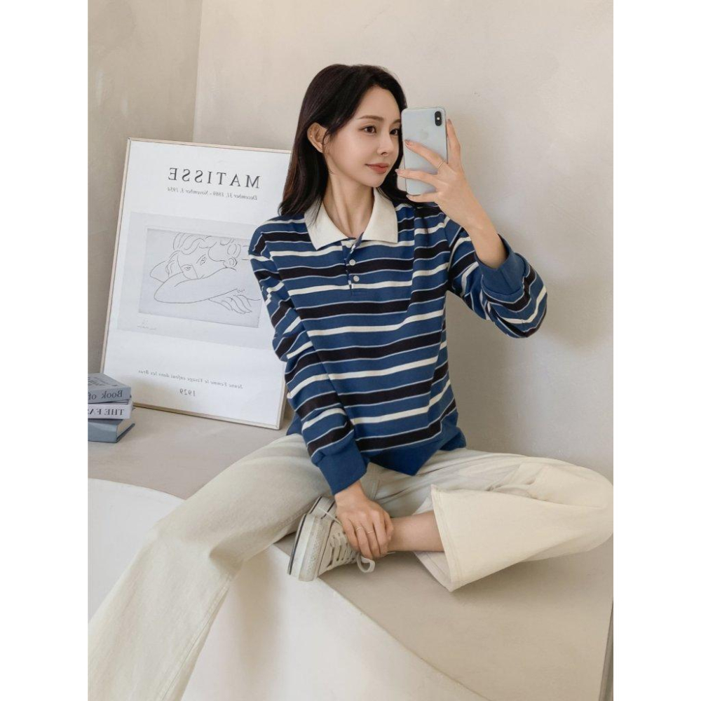 【25＇ 秋冬新款】ᴠɴ｜正韓🇰🇷 - 韓國女裝｜純棉翻領線條長袖Polo衫 T恤 韓國T恤-細節圖8