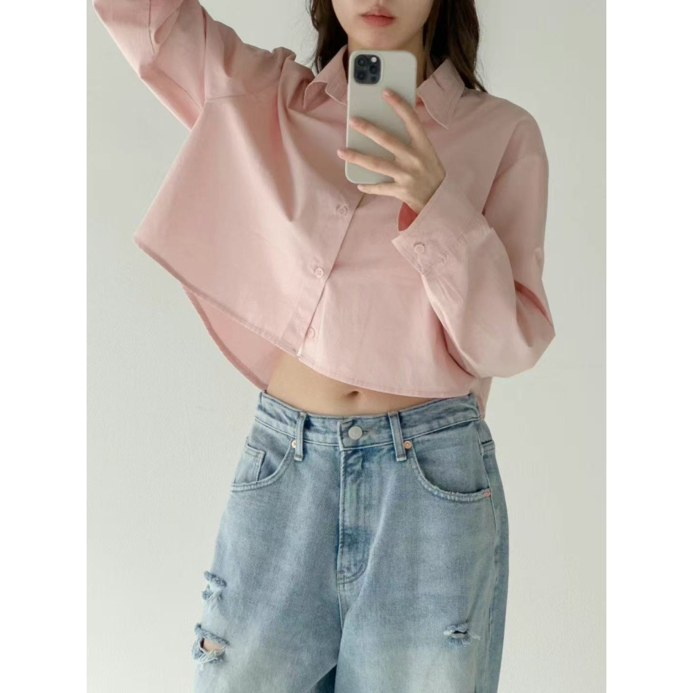 VENUSY｜正韓🇰🇷 - 韓國女裝｜純棉背開衩短版襯衫 韓國襯衫-細節圖2