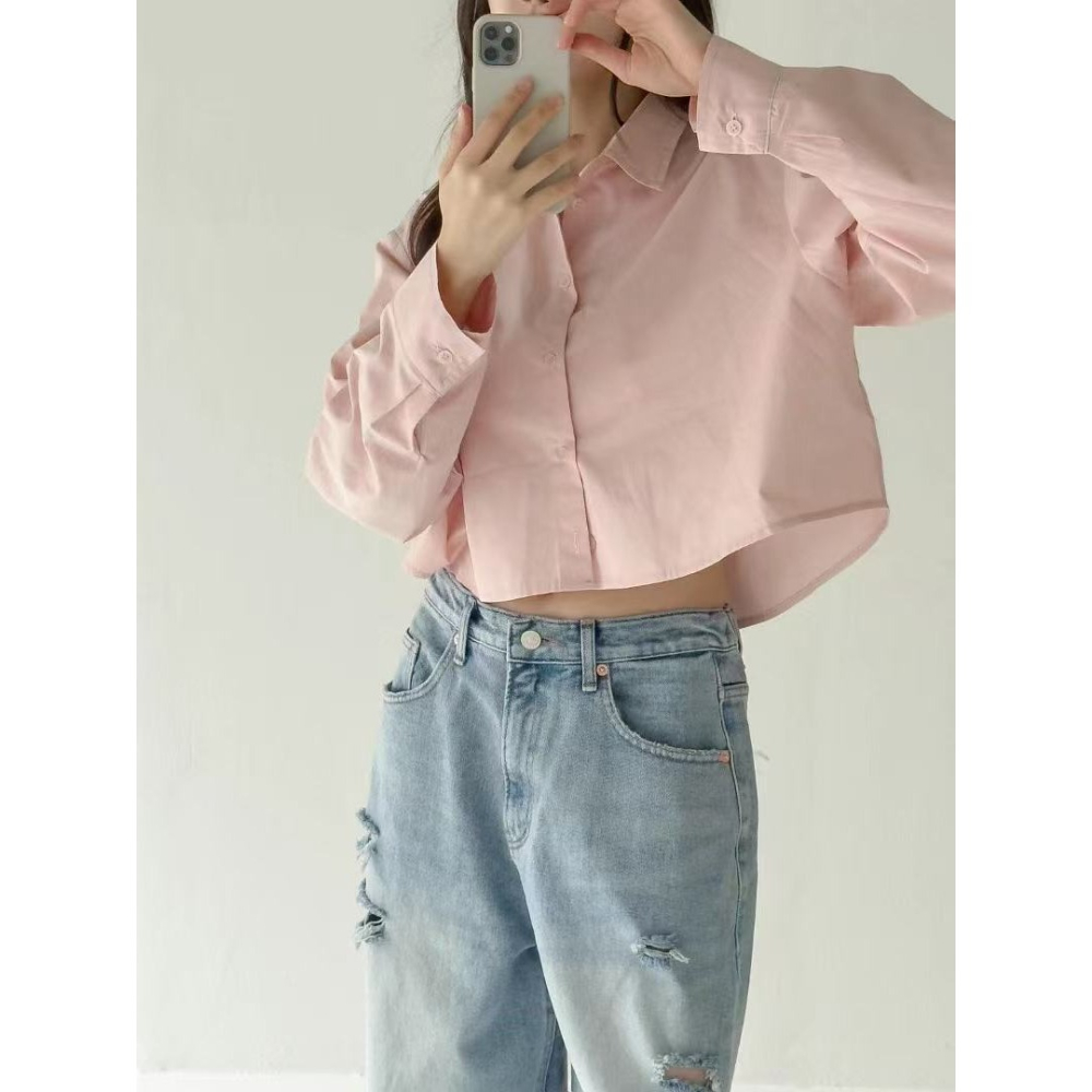 VENUSY｜正韓🇰🇷 - 韓國女裝｜純棉背開衩短版襯衫 韓國襯衫-細節圖3