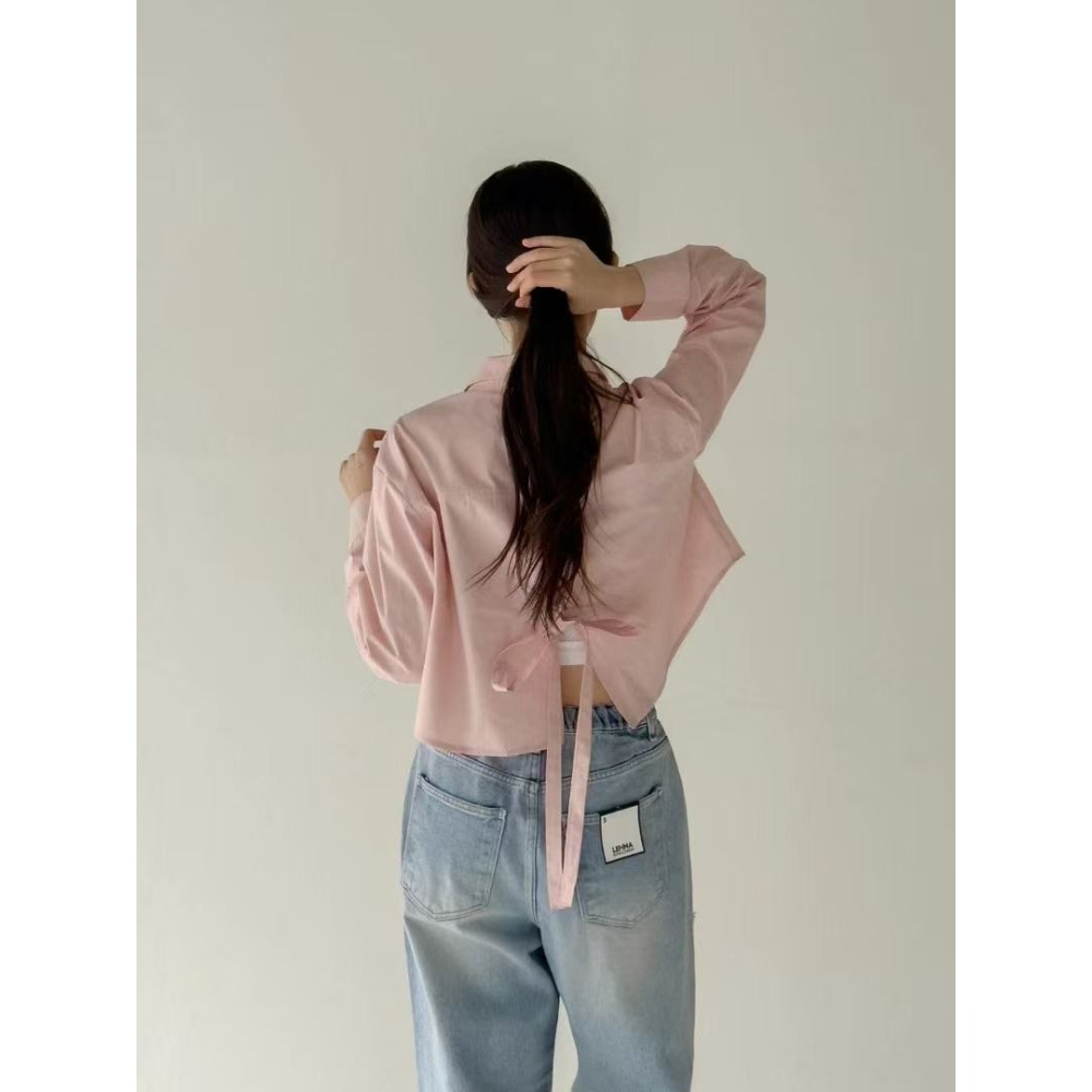 VENUSY｜正韓🇰🇷 - 韓國女裝｜純棉背開衩短版襯衫 韓國襯衫-細節圖5