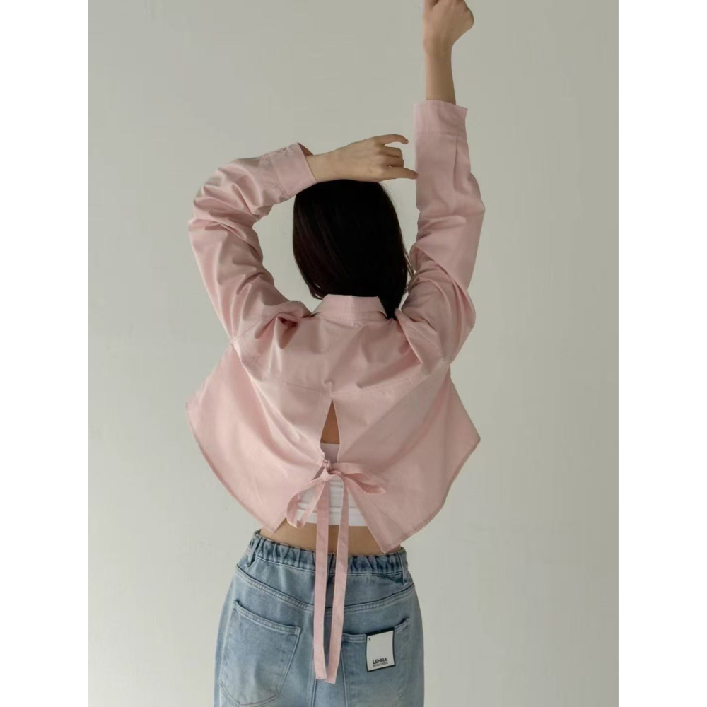 VENUSY｜正韓🇰🇷 - 韓國女裝｜純棉背開衩短版襯衫 韓國襯衫-細節圖8