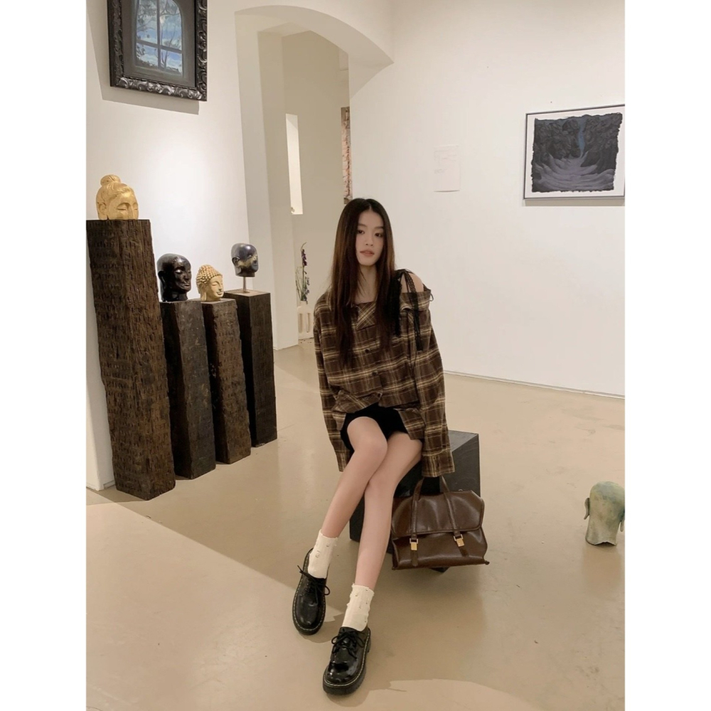 【𝟷𝟶𝟶%棉】個性甜酷混搭．ᴠɴ｜正韓🇰🇷 - 韓國女裝｜蕾絲拼接格紋襯衫 韓國襯衫-細節圖5