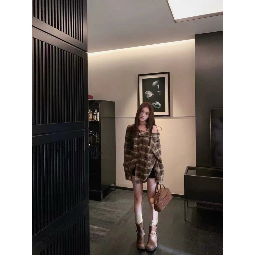 【𝟷𝟶𝟶%棉】個性甜酷混搭．ᴠɴ｜正韓🇰🇷 - 韓國女裝｜蕾絲拼接格紋襯衫 韓國襯衫-細節圖7