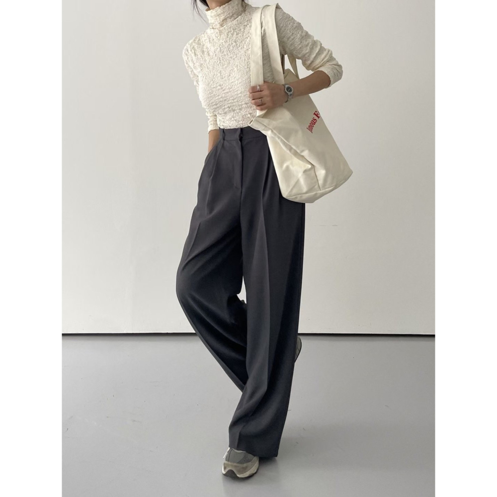 【韓網熱銷1萬件】ᴠɴ｜正韓🇰🇷 - 氣質垂墜感✓ 韓國女裝｜高腰直筒雙褶寬鬆西裝褲 西褲-細節圖5