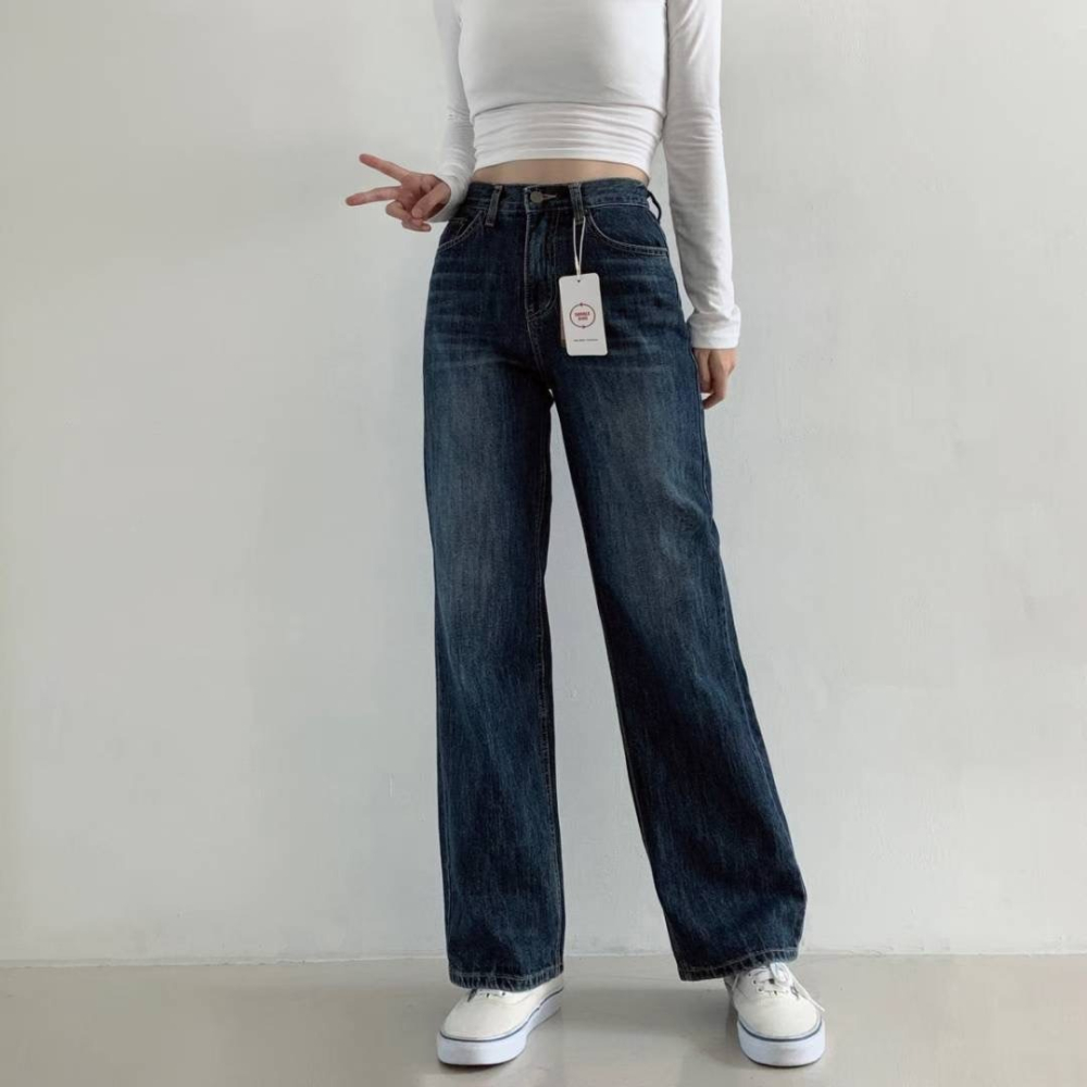 VENUSY｜正韓🇰🇷 - 純棉舒適親膚☀ 韓國女裝｜純棉高腰寬管牛仔褲 韓國牛仔褲-細節圖2