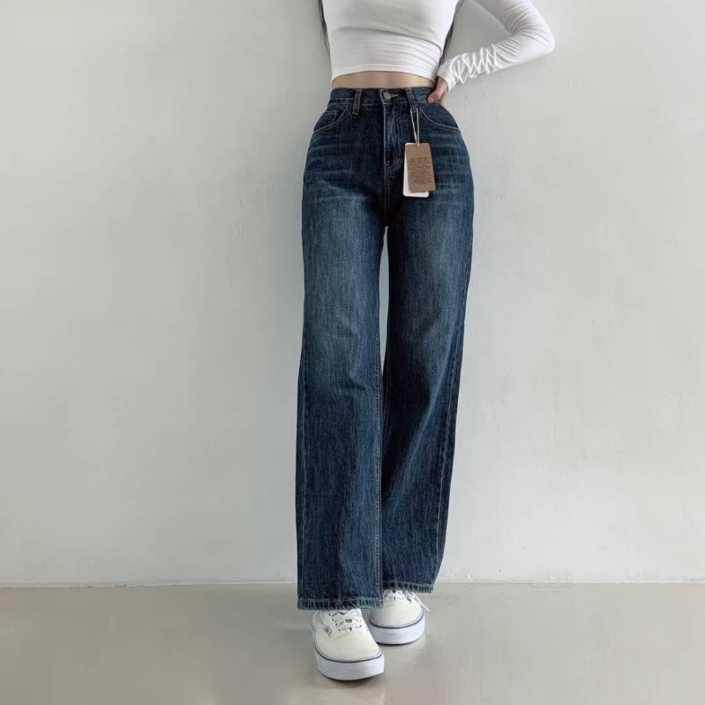 VENUSY｜正韓🇰🇷 - 純棉舒適親膚☀ 韓國女裝｜純棉高腰寬管牛仔褲 韓國牛仔褲-細節圖3