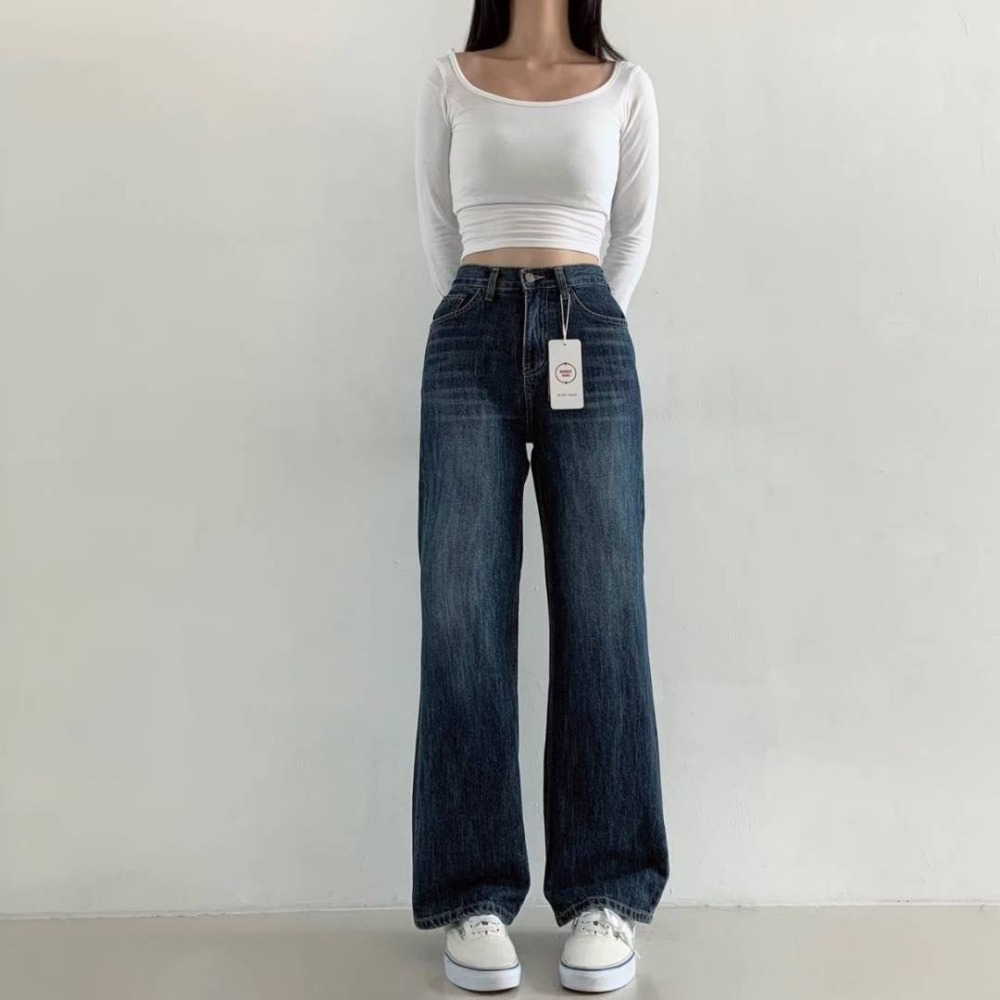 VENUSY｜正韓🇰🇷 - 純棉舒適親膚☀ 韓國女裝｜純棉高腰寬管牛仔褲 韓國牛仔褲-細節圖4