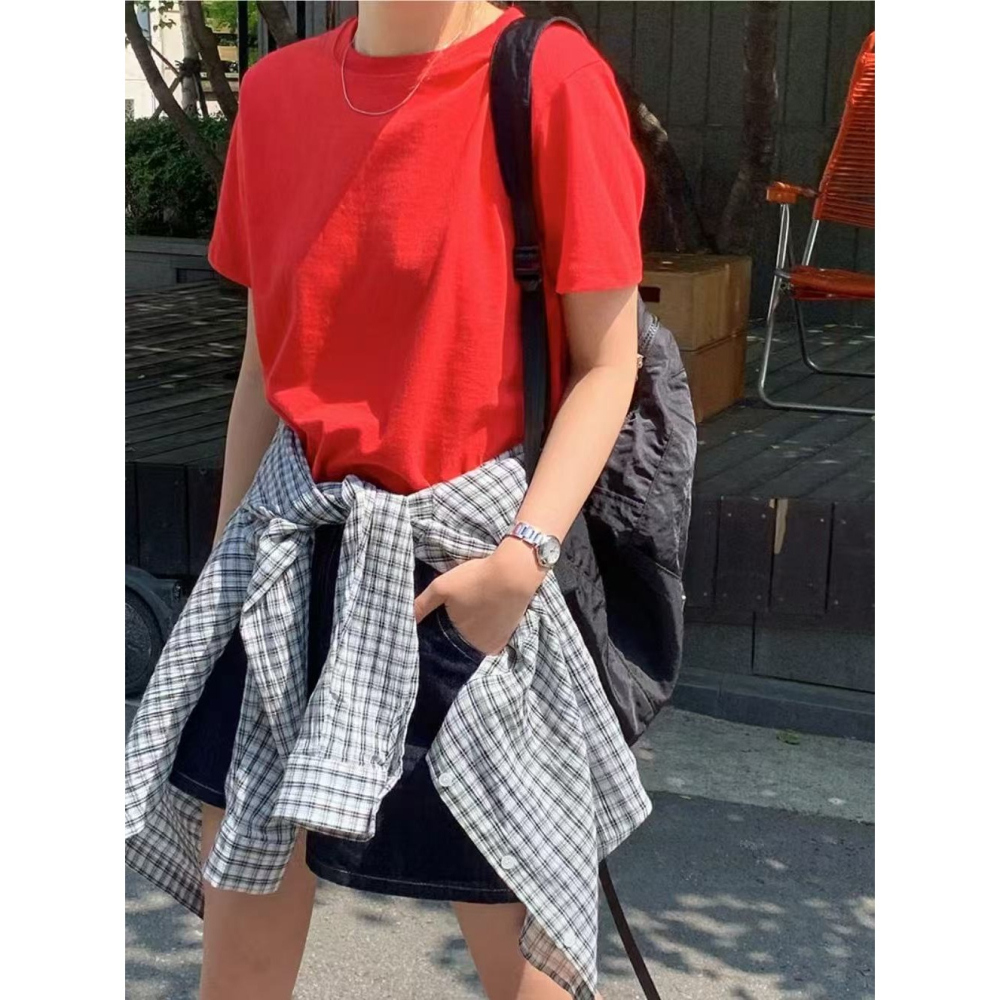 [現貨 24H] VENUSY｜正韓🇰🇷 - 純棉透氣舒適☀ 韓國女裝｜純棉正肩純色T恤 韓國T恤-細節圖4