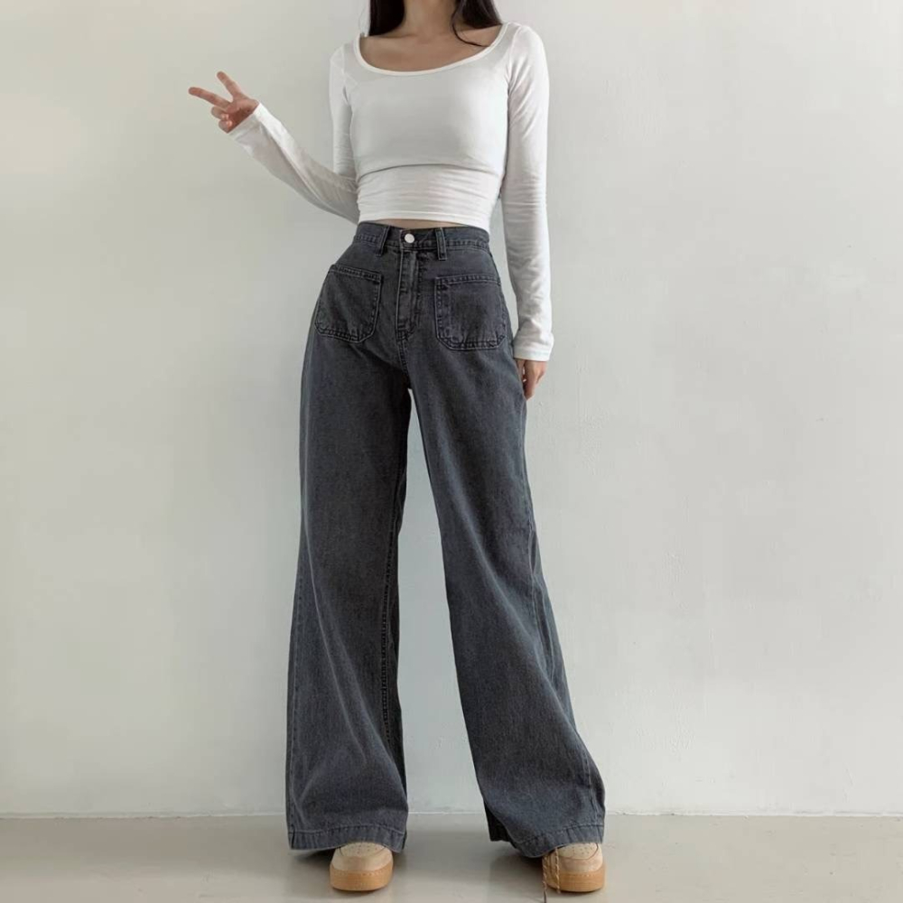【韓網熱銷4萬件】ᴠɴ｜正韓🇰🇷 - 純棉舒適親膚☀ 韓國女裝｜純棉寬鬆高腰六角牛仔褲 韓國牛仔褲-細節圖2