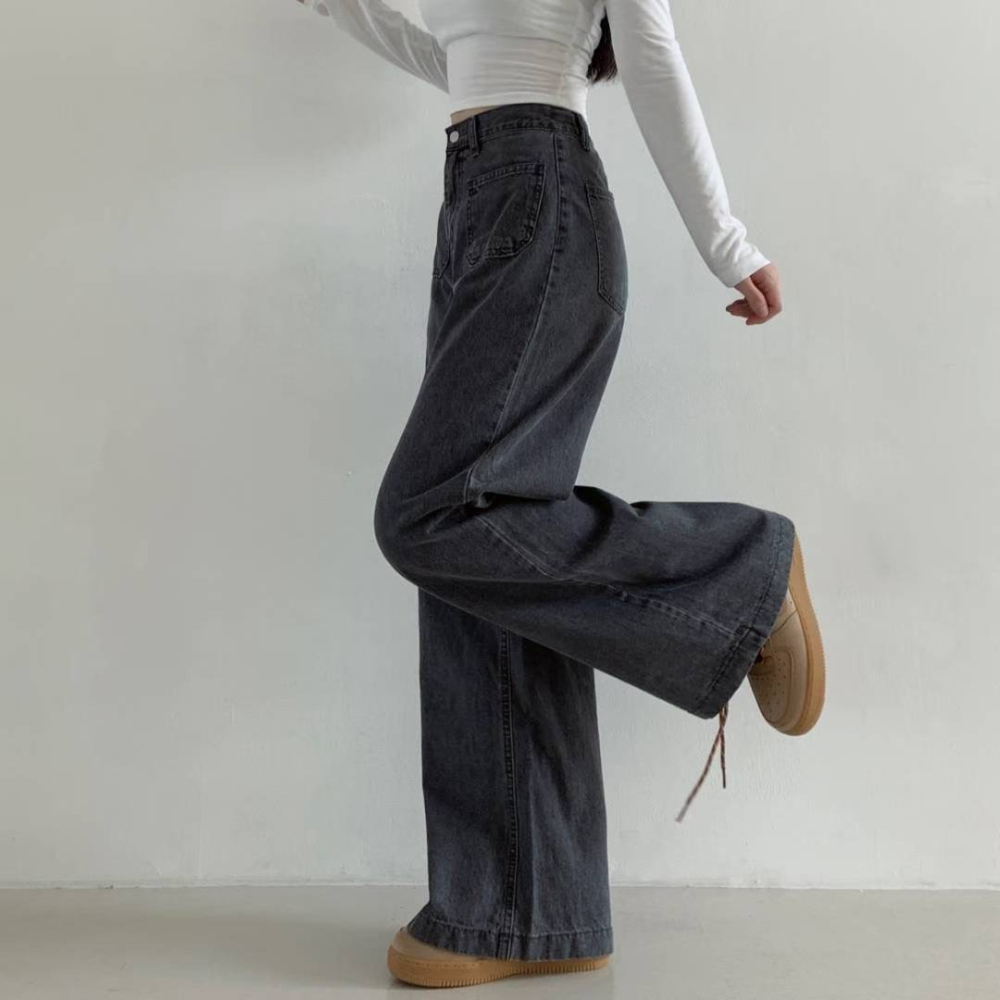 【韓網熱銷4萬件】ᴠɴ｜正韓🇰🇷 - 純棉舒適親膚☀ 韓國女裝｜純棉寬鬆高腰六角牛仔褲 韓國牛仔褲-細節圖3