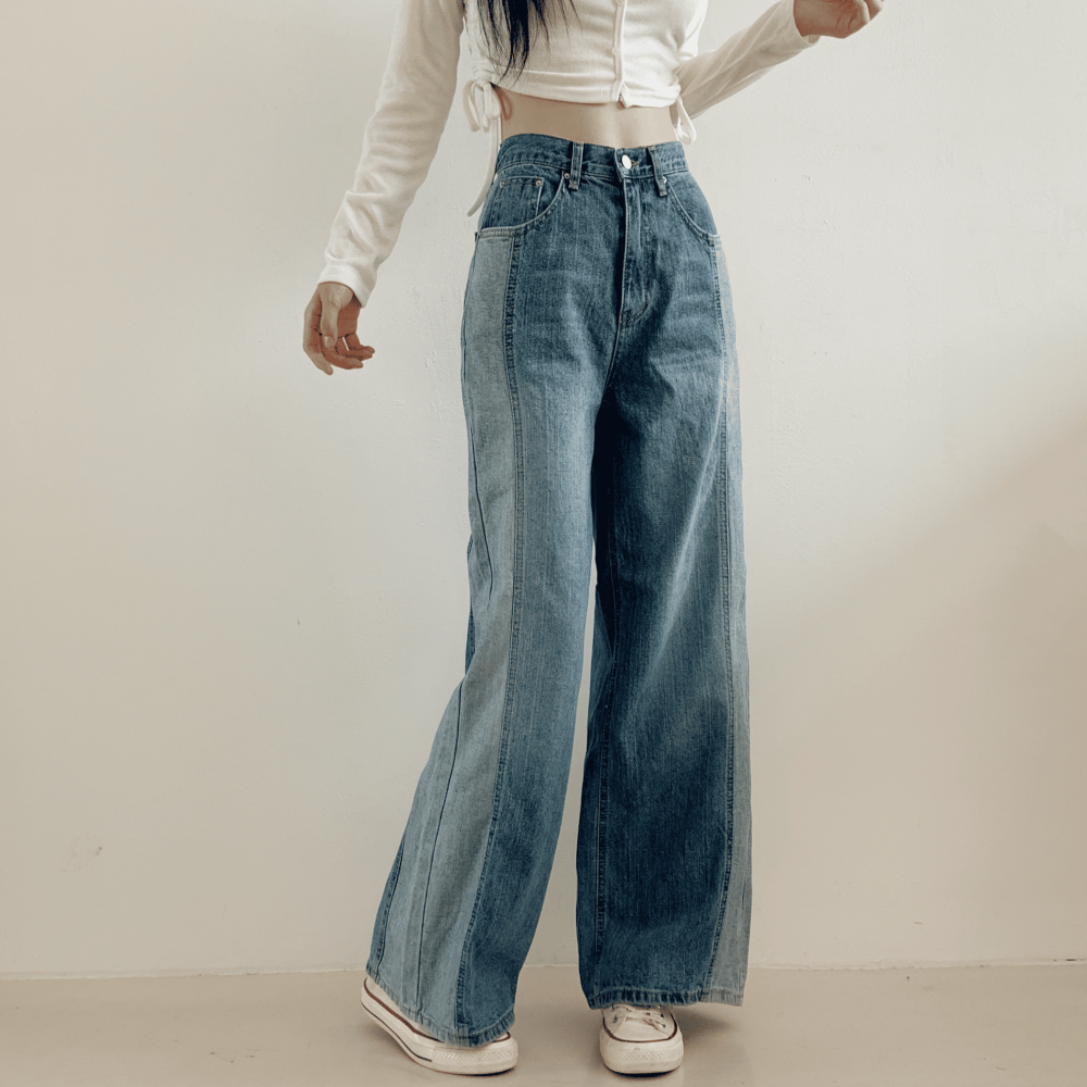 VENUSY｜正韓🇰🇷 - 純棉透氣舒適☀ 韓國女裝｜純棉拼色寬鬆牛仔褲 韓國牛仔褲-細節圖2