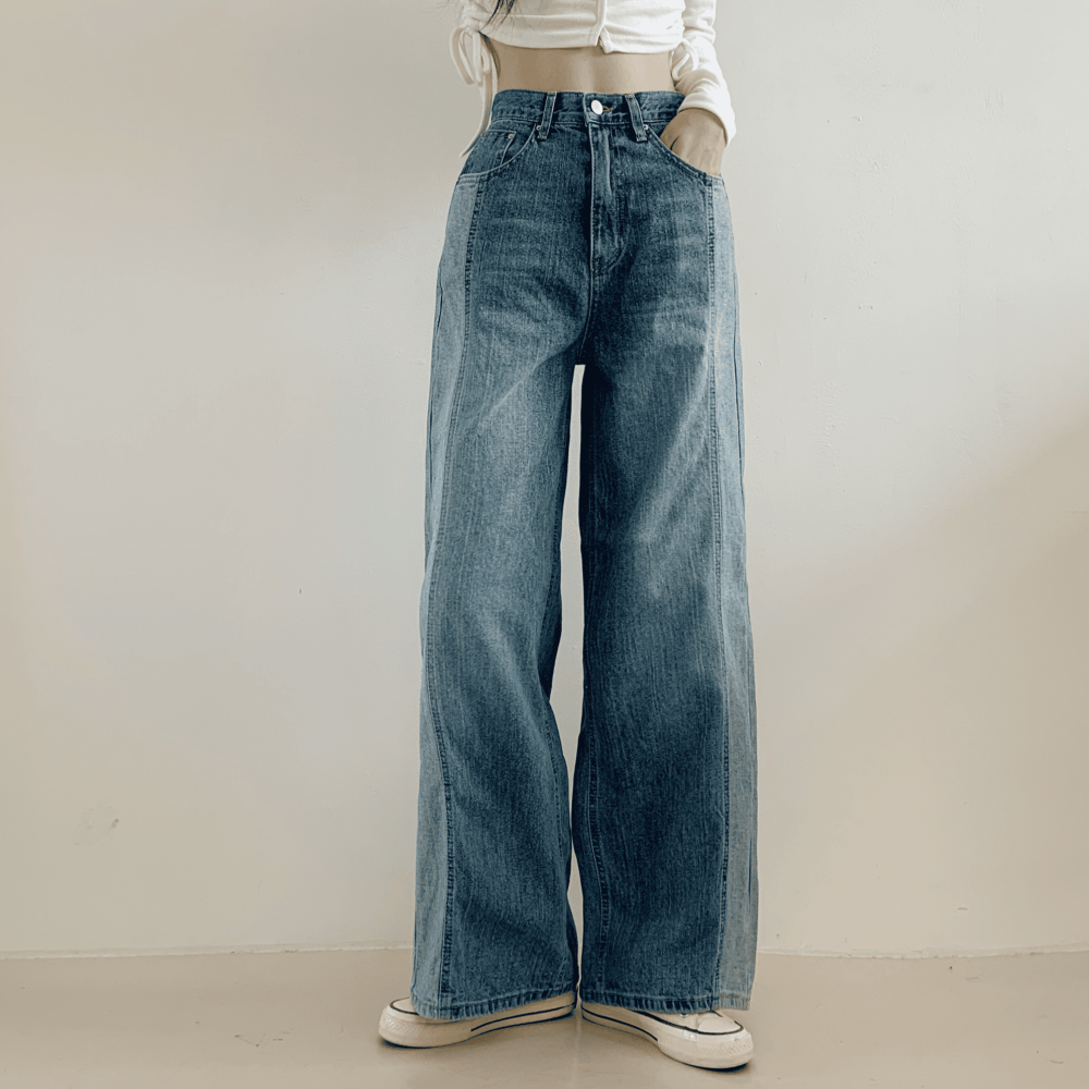 VENUSY｜正韓🇰🇷 - 純棉透氣舒適☀ 韓國女裝｜純棉拼色寬鬆牛仔褲 韓國牛仔褲-細節圖3