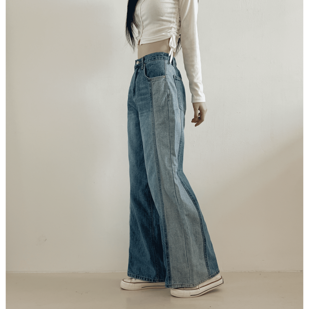 VENUSY｜正韓🇰🇷 - 純棉透氣舒適☀ 韓國女裝｜純棉拼色寬鬆牛仔褲 韓國牛仔褲-細節圖4