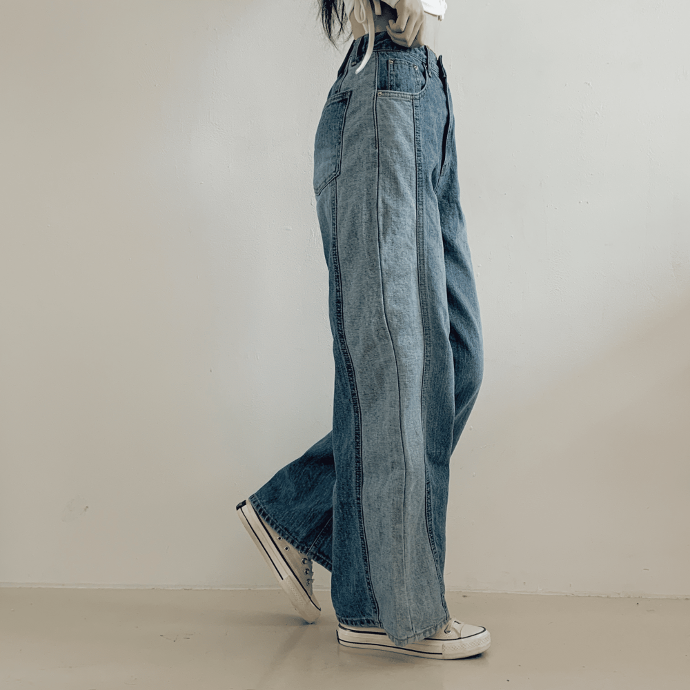 VENUSY｜正韓🇰🇷 - 純棉透氣舒適☀ 韓國女裝｜純棉拼色寬鬆牛仔褲 韓國牛仔褲-細節圖5