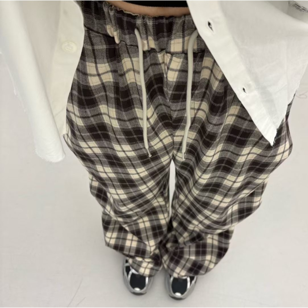 VENUSY｜正韓🇰🇷 - 韓國女裝｜寬鬆格紋街頭休閒褲-細節圖5