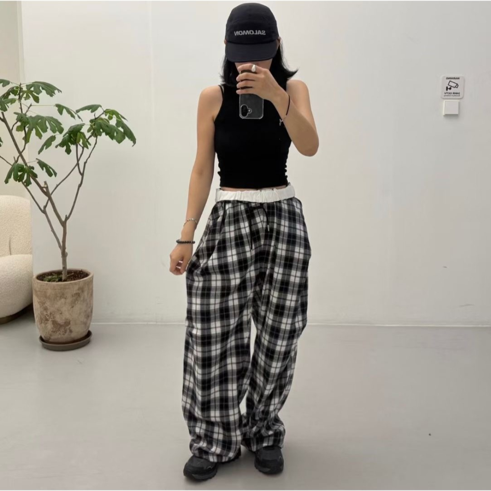 VENUSY｜正韓🇰🇷 - 韓國女裝｜寬鬆格紋街頭休閒褲-細節圖8
