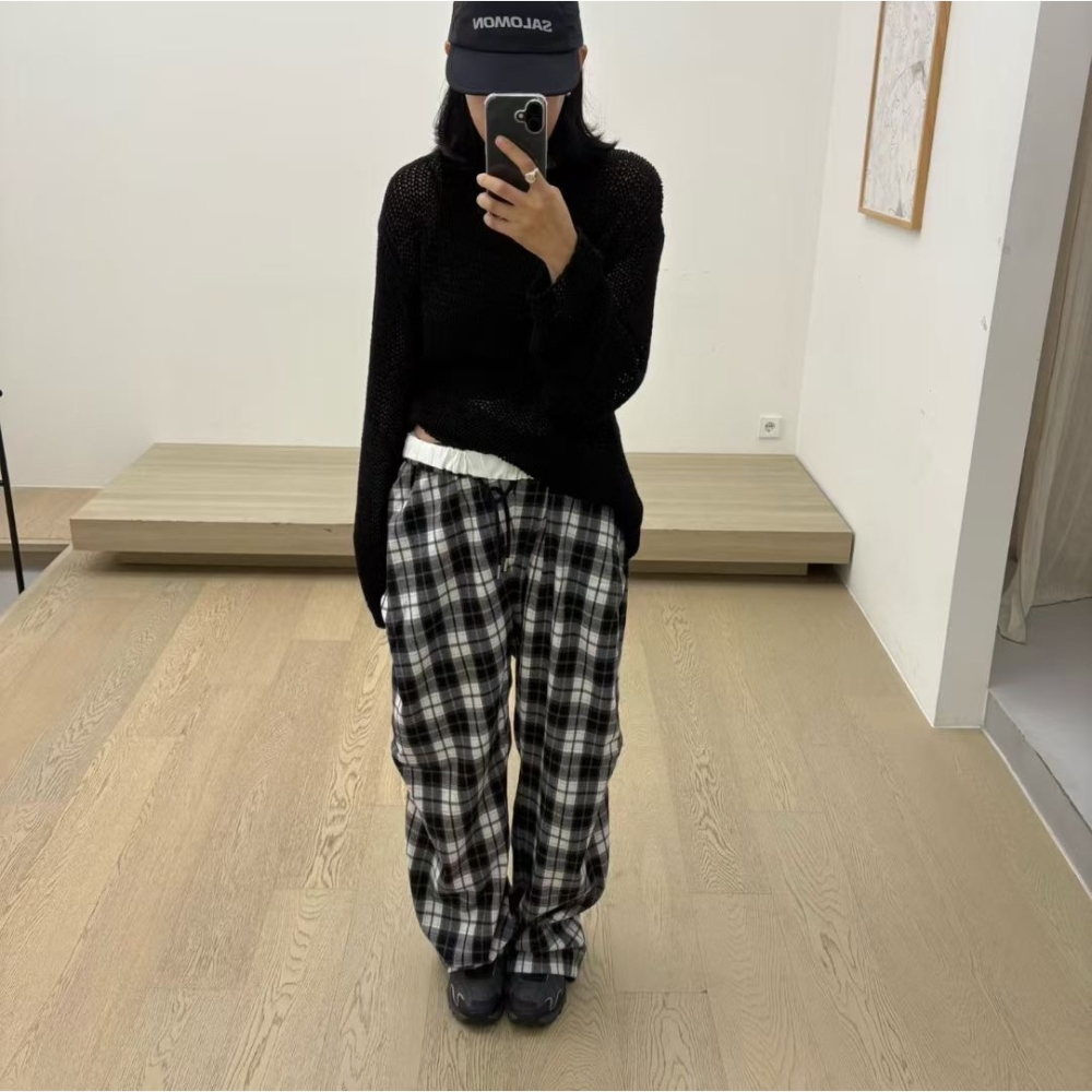 VENUSY｜正韓🇰🇷 - 韓國女裝｜寬鬆格紋街頭休閒褲-細節圖9