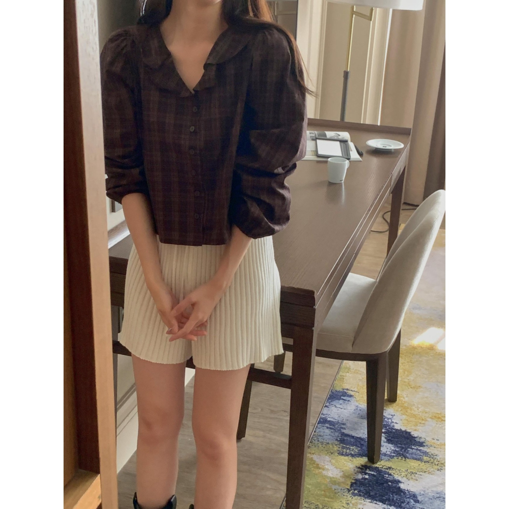 【純棉親膚】格紋襯衫 韓國襯衫．ᴠɴ｜正韓🇰🇷 - 韓國女裝｜復古荷葉領長袖襯衫 韓國襯衫-細節圖2