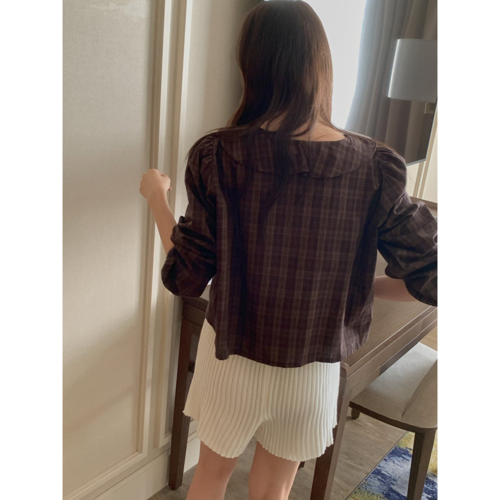 【純棉親膚】格紋襯衫 韓國襯衫．ᴠɴ｜正韓🇰🇷 - 韓國女裝｜復古荷葉領長袖襯衫 韓國襯衫-細節圖5