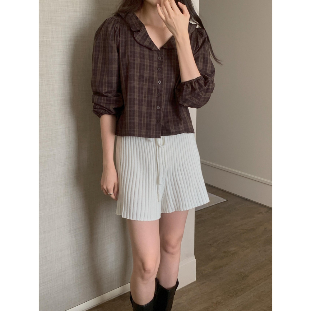 【純棉親膚】格紋襯衫 韓國襯衫．ᴠɴ｜正韓🇰🇷 - 韓國女裝｜復古荷葉領長袖襯衫 韓國襯衫-細節圖8