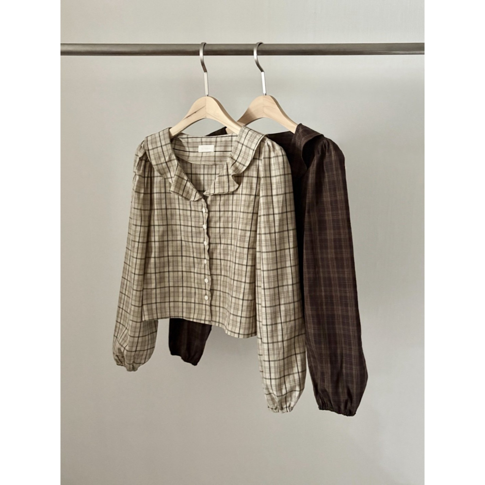 【純棉親膚】格紋襯衫 韓國襯衫．ᴠɴ｜正韓🇰🇷 - 韓國女裝｜復古荷葉領長袖襯衫 韓國襯衫-細節圖11