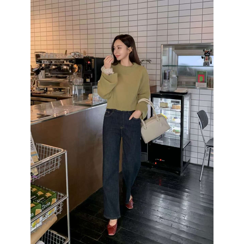 VENUSY｜正韓🇰🇷 - 𝟫𝟪%棉 防褪色✓ 韓國女裝｜深藍直筒彈力牛仔褲 韓國牛仔褲-細節圖4