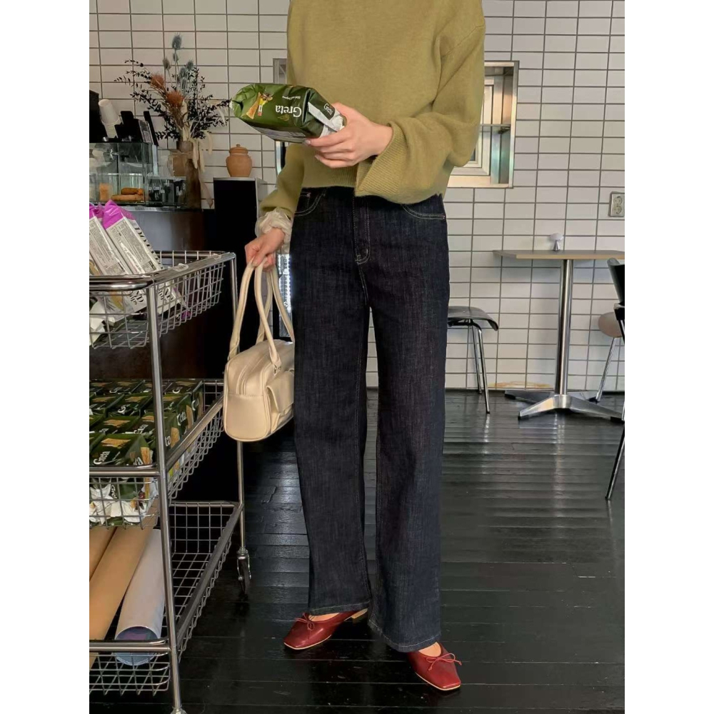 VENUSY｜正韓🇰🇷 - 𝟫𝟪%棉 防褪色✓ 韓國女裝｜深藍直筒彈力牛仔褲 韓國牛仔褲-細節圖6