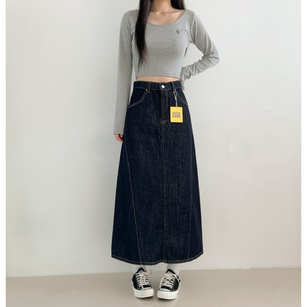 【不褪色】ᴠɴ｜正韓🇰🇷 - 純棉舒適親膚☀ 韓國女裝｜純棉寬鬆隧道斜切超長牛仔裙-細節圖2