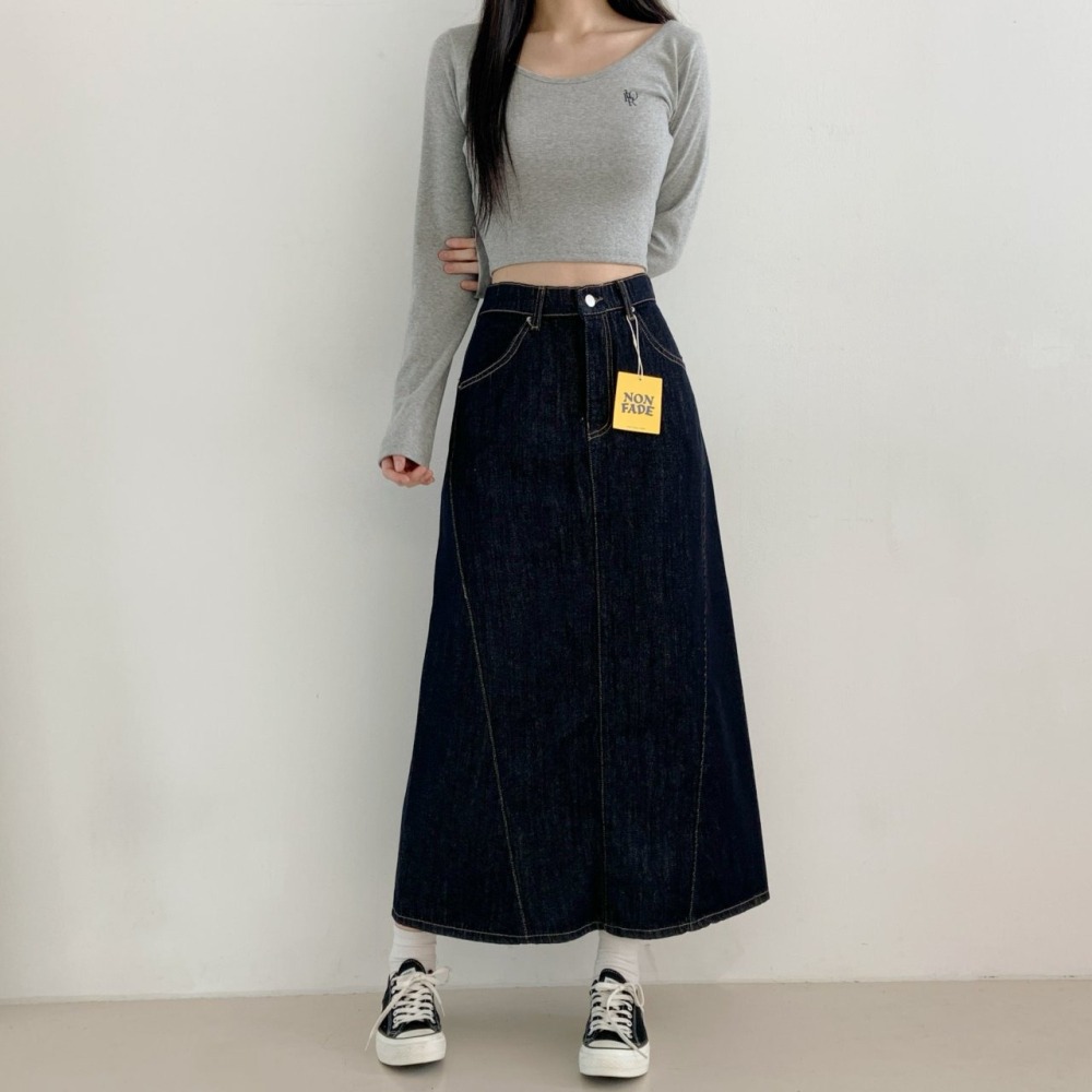【不褪色】ᴠɴ｜正韓🇰🇷 - 純棉舒適親膚☀ 韓國女裝｜純棉寬鬆隧道斜切超長牛仔裙-細節圖3