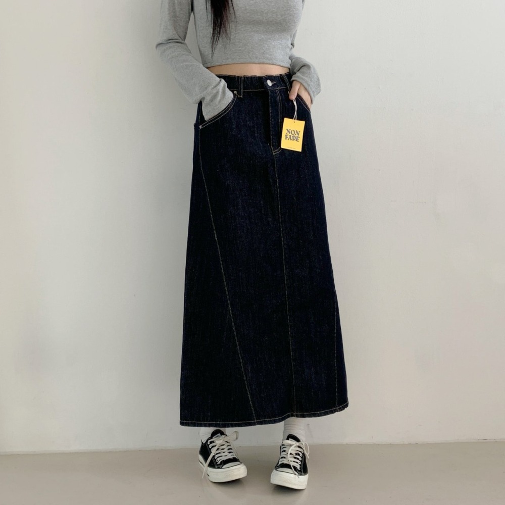【不褪色】ᴠɴ｜正韓🇰🇷 - 純棉舒適親膚☀ 韓國女裝｜純棉寬鬆隧道斜切超長牛仔裙-細節圖4