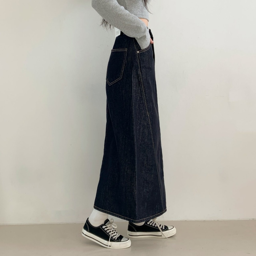 【不褪色】ᴠɴ｜正韓🇰🇷 - 純棉舒適親膚☀ 韓國女裝｜純棉寬鬆隧道斜切超長牛仔裙-細節圖5