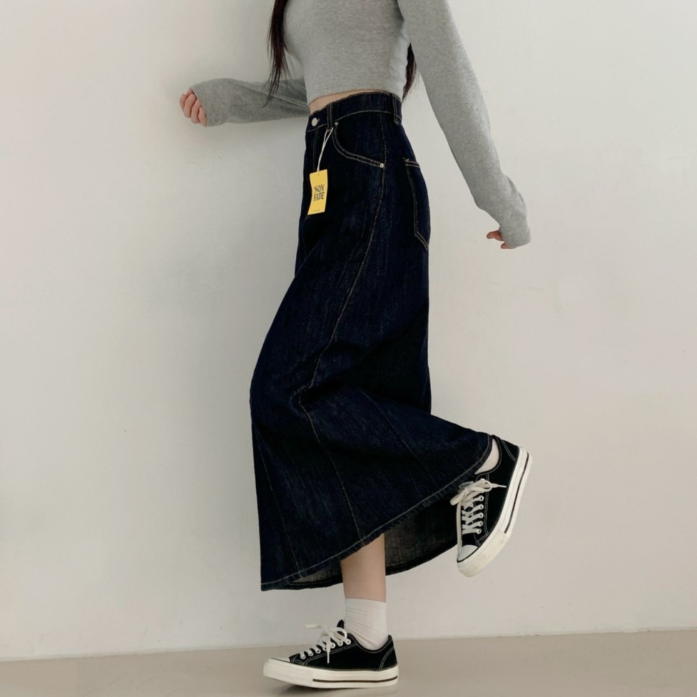 【不褪色】ᴠɴ｜正韓🇰🇷 - 純棉舒適親膚☀ 韓國女裝｜純棉寬鬆隧道斜切超長牛仔裙-細節圖6