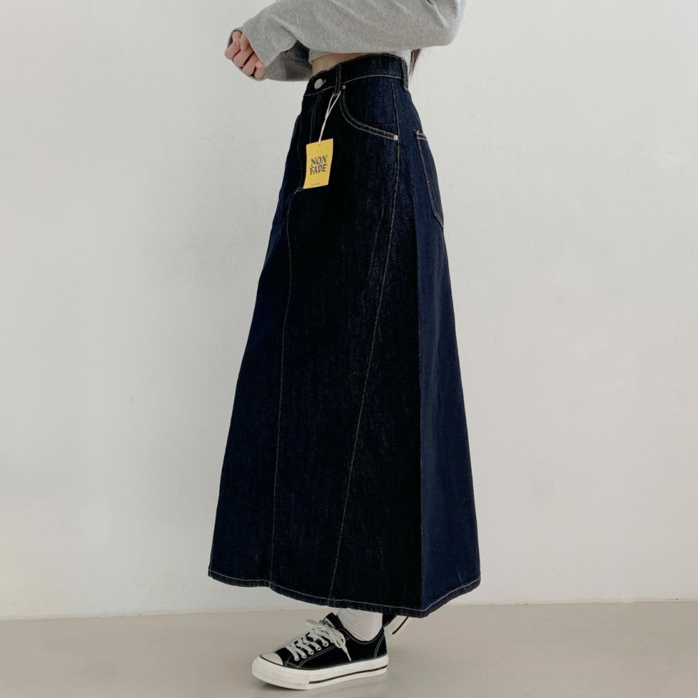 【不褪色】ᴠɴ｜正韓🇰🇷 - 純棉舒適親膚☀ 韓國女裝｜純棉寬鬆隧道斜切超長牛仔裙-細節圖8