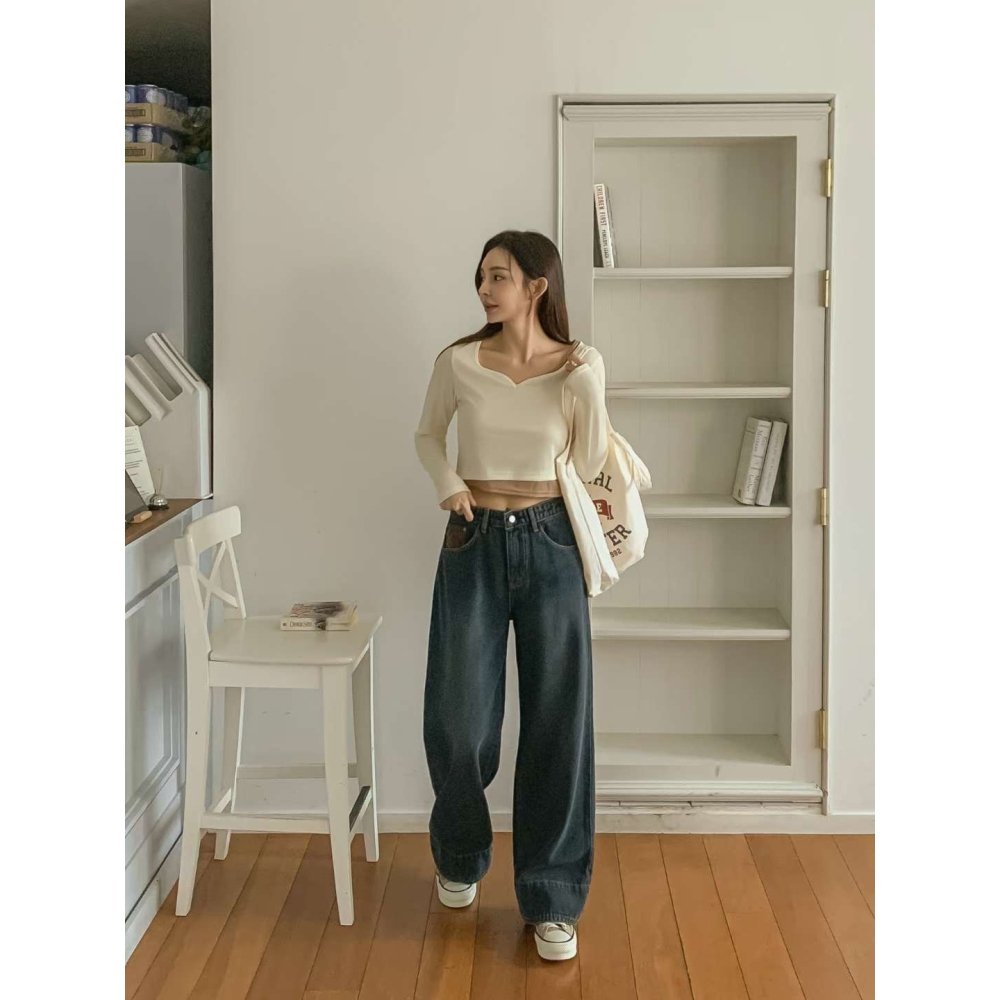 VENUSY｜正韓🇰🇷 - 純棉舒適親膚☀ 韓國女裝｜純棉翻邊設計寬版牛仔褲 韓國牛仔褲-細節圖2