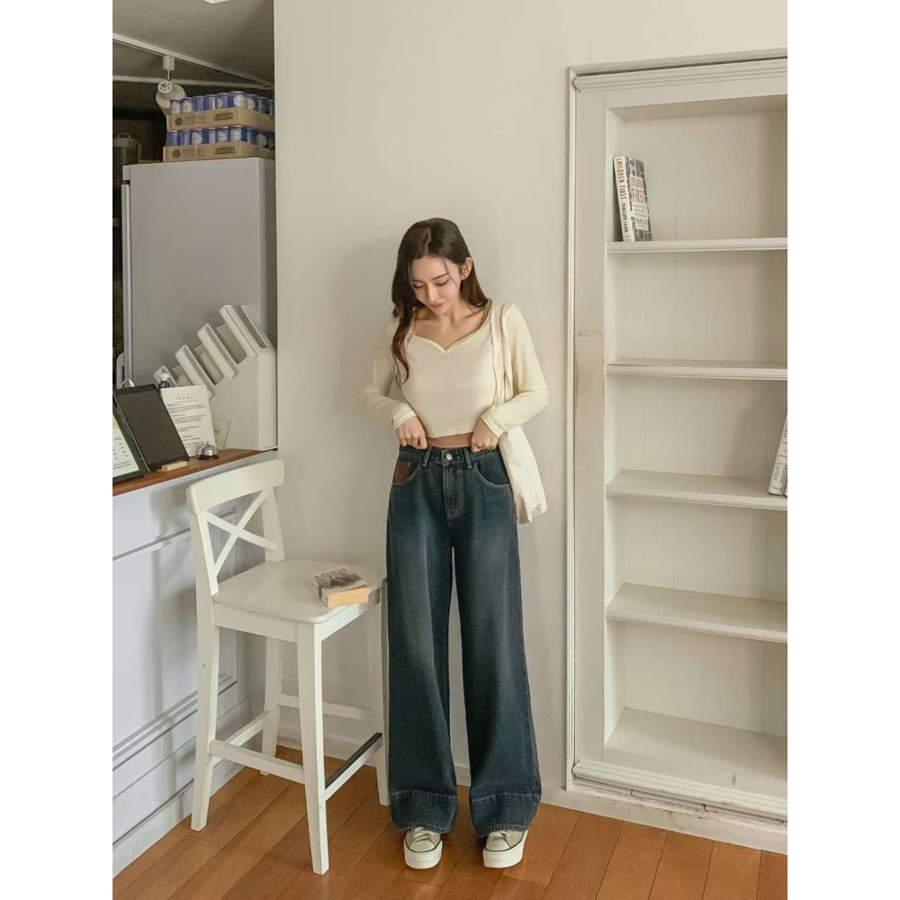 VENUSY｜正韓🇰🇷 - 純棉舒適親膚☀ 韓國女裝｜純棉翻邊設計寬版牛仔褲 韓國牛仔褲-細節圖3