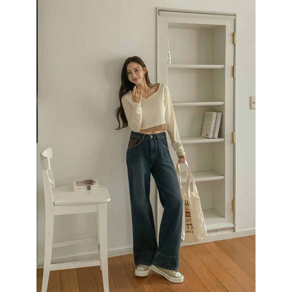 VENUSY｜正韓🇰🇷 - 純棉舒適親膚☀ 韓國女裝｜純棉翻邊設計寬版牛仔褲 韓國牛仔褲-細節圖4