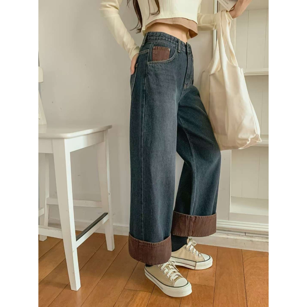 VENUSY｜正韓🇰🇷 - 純棉舒適親膚☀ 韓國女裝｜純棉翻邊設計寬版牛仔褲 韓國牛仔褲-細節圖6