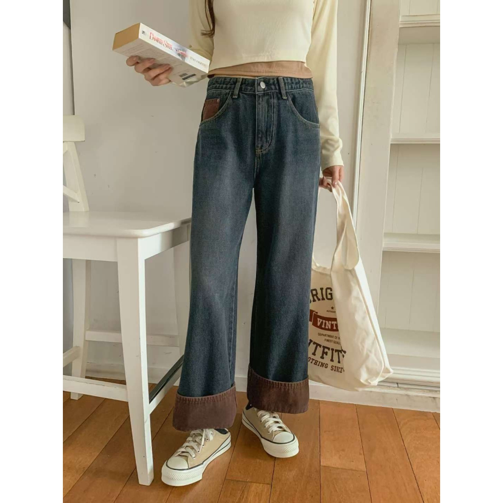 VENUSY｜正韓🇰🇷 - 純棉舒適親膚☀ 韓國女裝｜純棉翻邊設計寬版牛仔褲 韓國牛仔褲-細節圖7