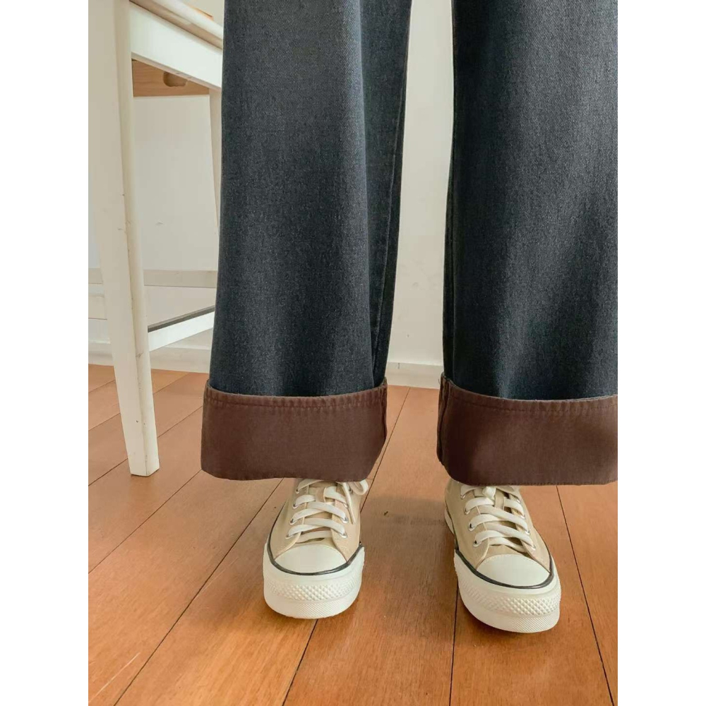 VENUSY｜正韓🇰🇷 - 純棉舒適親膚☀ 韓國女裝｜純棉翻邊設計寬版牛仔褲 韓國牛仔褲-細節圖9