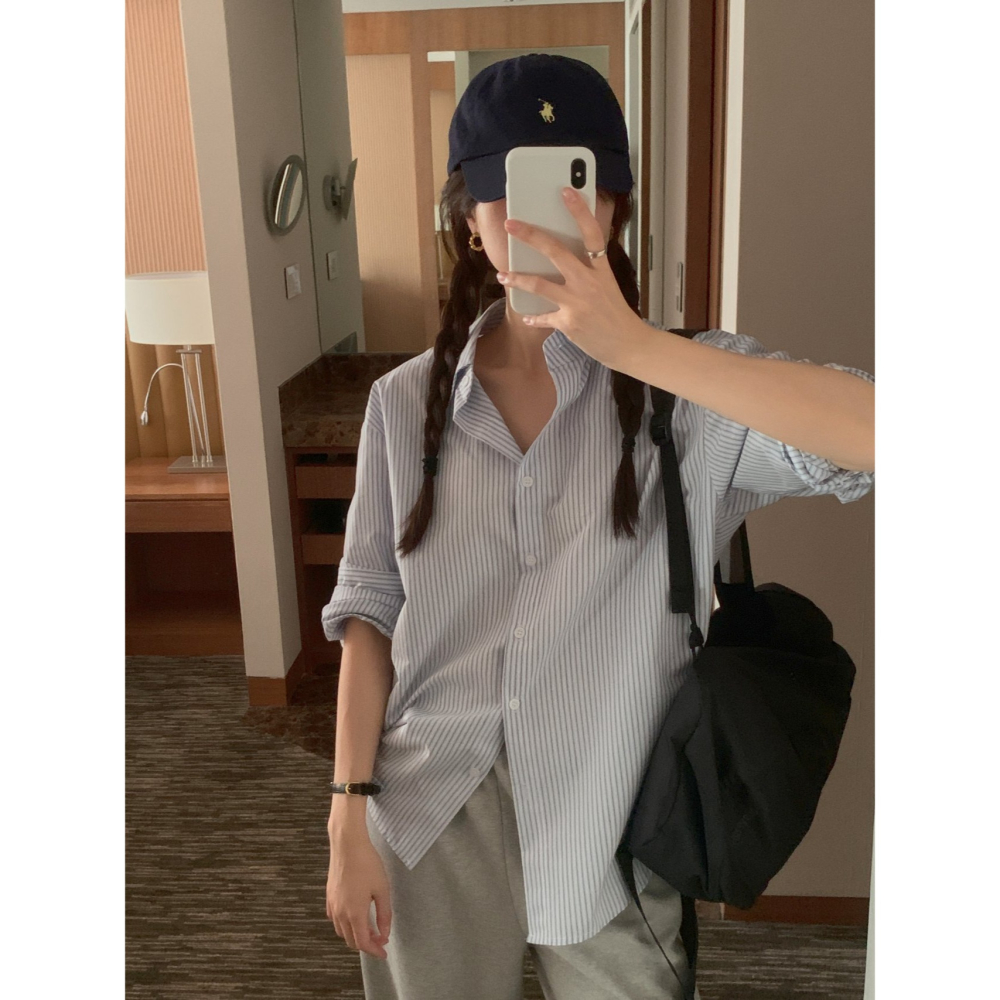 VENUSY｜正韓🇰🇷 - 韓國女裝｜棉質線條長袖襯衫 韓國襯衫-細節圖3